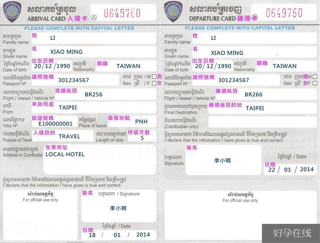 柬埔寨出入境申请表